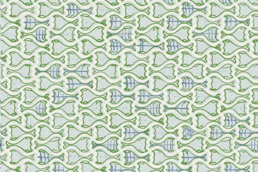 Green fish and blue ships forming a playful pattern on a pale green background