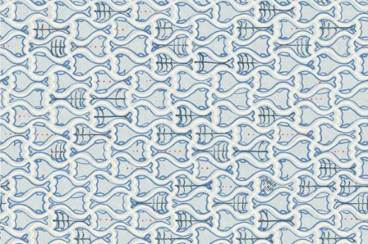 Blue fish and ship motifs in a tiled layout on a soft blue background
