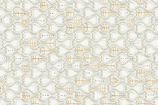 Subtle gold and blue fish and ships pattern on a light cream base