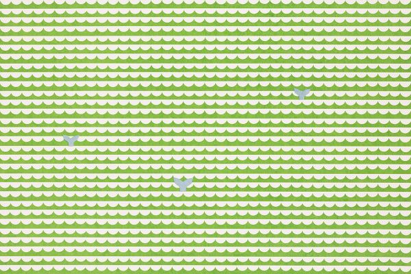 Green and white scalloped pattern with a few light blue whale tails.