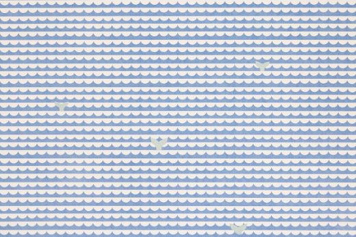  Blue and white scalloped pattern with several pale blue whale tails.