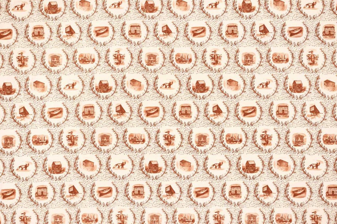 Repeating scenic motifs in warm terracotta on cream background.