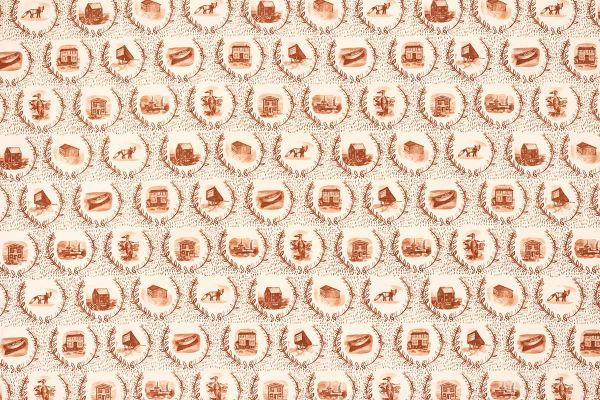 Repeating scenic motifs in warm terracotta on cream background.