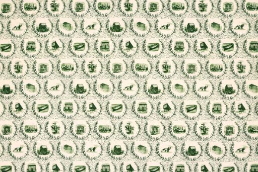 Repeating scenic motifs in rich green on cream background.
