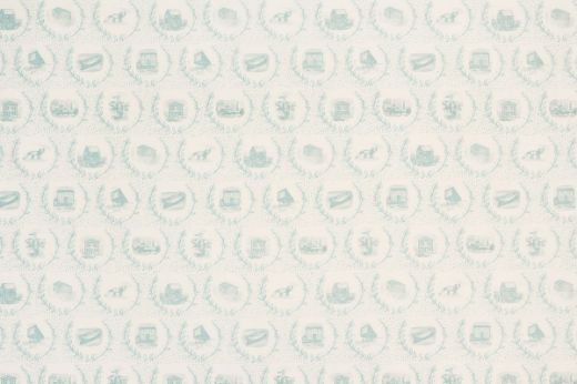 Repeating scenic motifs in soft aqua on cream background
