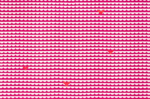 Pink and white scallop wave pattern with orange whale tails.