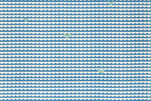 Blue and white scallop wave pattern with light green whale tails.