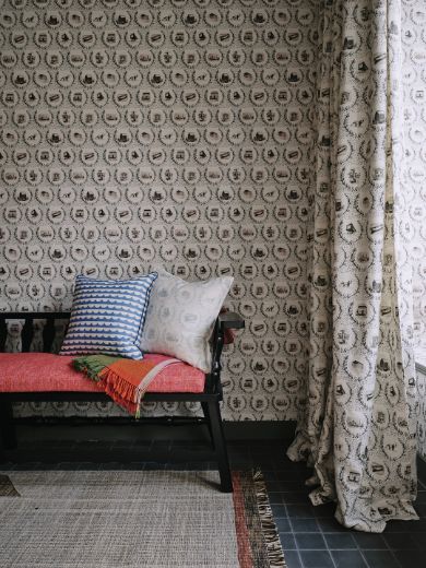 Set the Scene fabric used as curtain in styled room with matching wallpaper. Photography by Chris Horwood