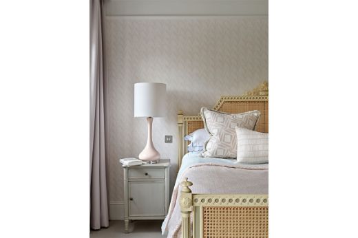 ‘ Carnac ’ opal wallpaper by Phyllis Barron & Dorothy Larcher with two cushions ‘ Crochet ’ rose fabric by Raoul Dufy, ‘ Drum ’ rose fabric by Neisha Crosland. Interior by LPE Designs. Photography by Nick Smith.