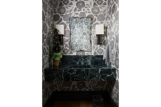 Eden coal cork wallpaper on the walls of a powerder room. Wallpaper  by Makoto Kagoshima X Chariots on Fir e. Interior by Shawn Henderson. Photography by Stephen Kent Johnson: OTTO