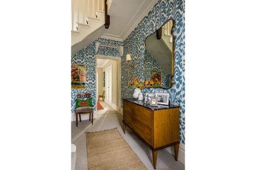 Belfour Damask Cobalt Wallpaper by Michael Szell in an eclectic classic hallway. Interior design by Bernard Interiors, photographed by Franklin and Franklin.