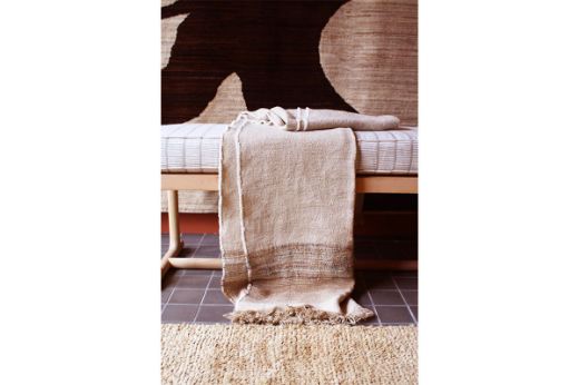 Textured woven throw natural with blue orange purple thread tones christopher farr cloth