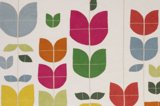  Christopher Farr Cloth Happy Flower hand-guided embroidery fabric in Hot Pink – a curtain-weight textile with playful geometric and floral patterns on a cotton base.