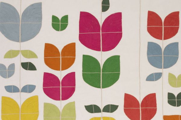  Christopher Farr Cloth Happy Flower hand-guided embroidery fabric in Hot Pink – a curtain-weight textile with playful geometric and floral patterns on a cotton base.