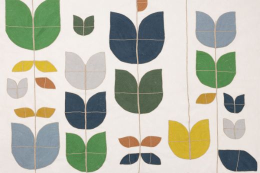  Christopher Farr Cloth Happy Flower hand-guided embroidery fabric in Dark Indigo – a curtain-weight textile with playful geometric and floral patterns on a cotton base.