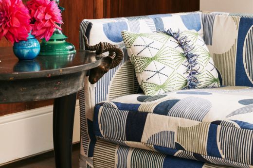 mikado green cushion on Galaxie Indigo upholstered sofa 
