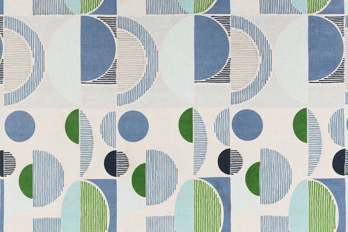 Galaxie green and blueembroidered and printed fabric