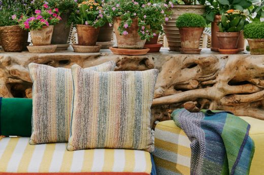 outdoor performance fabric Alta multi and Alta Azzurro in outdoor cushions and furniture