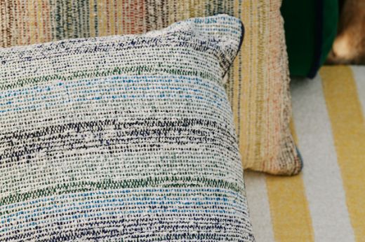 outdoor performance fabric Alta multi and Alta Azzurro in outdoor cushions and furniture
