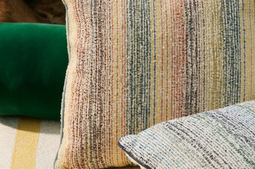 outdoor performance fabric Alta multi and Alta Azzurro in outdoor cushions and furniture