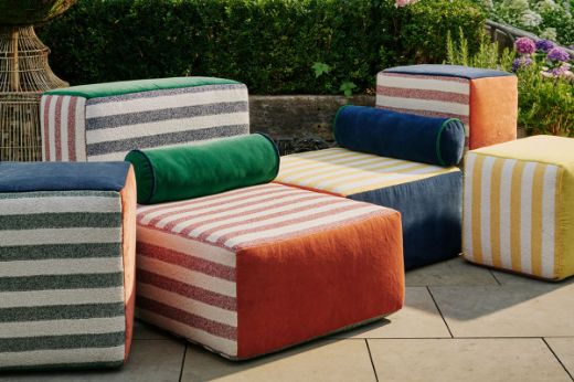 Inca velvet upholstered on outdoor furniture paired with Calvari performance woven fabric 