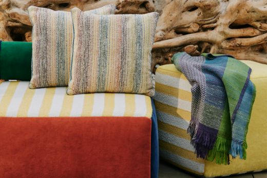  Inca velvet upholstered on outdoor furniture paired with Calvari performance woven fabric and Alta outdoor cushions 