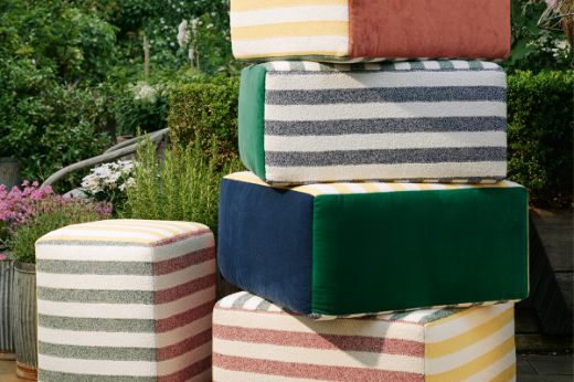 Inca velvet upholstered on outdoor furniture paired with Calvari performance woven fabric 