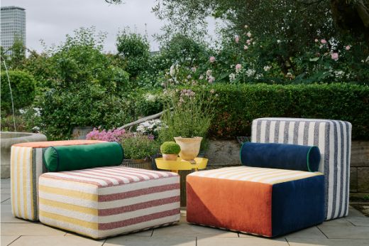 Inca velvet upholstered on outdoor furniture paired with Calvari performance woven fabric 