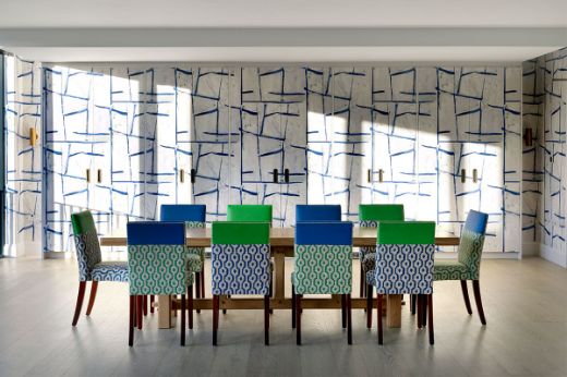 ocean squares ultramarine blue on the walls of a dinning room