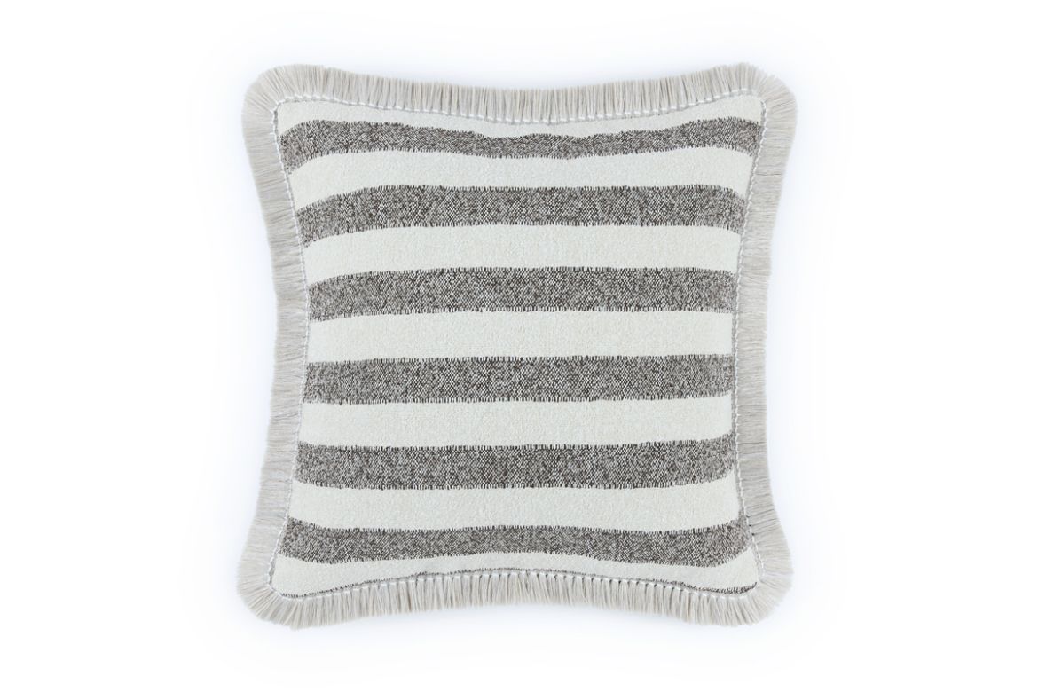 Outdoor Calvari Striped Cushion Marrone Brown in cream hues with Hula natural trim