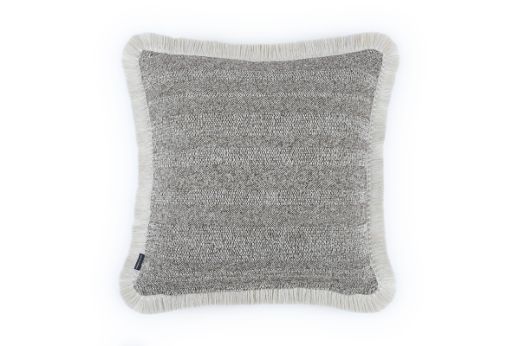 Outdoor Calvari Striped Cushion Marrone Brown in cream hues with Hula natural trim back of cushion Cova textured fabric Marrone brown