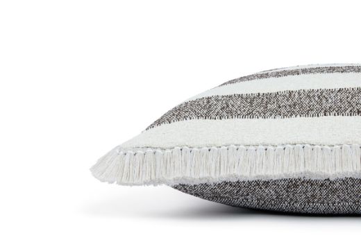 Outdoor Calvari Striped Cushion Marrone Brown in cream hues with Hula natural trim side view detail