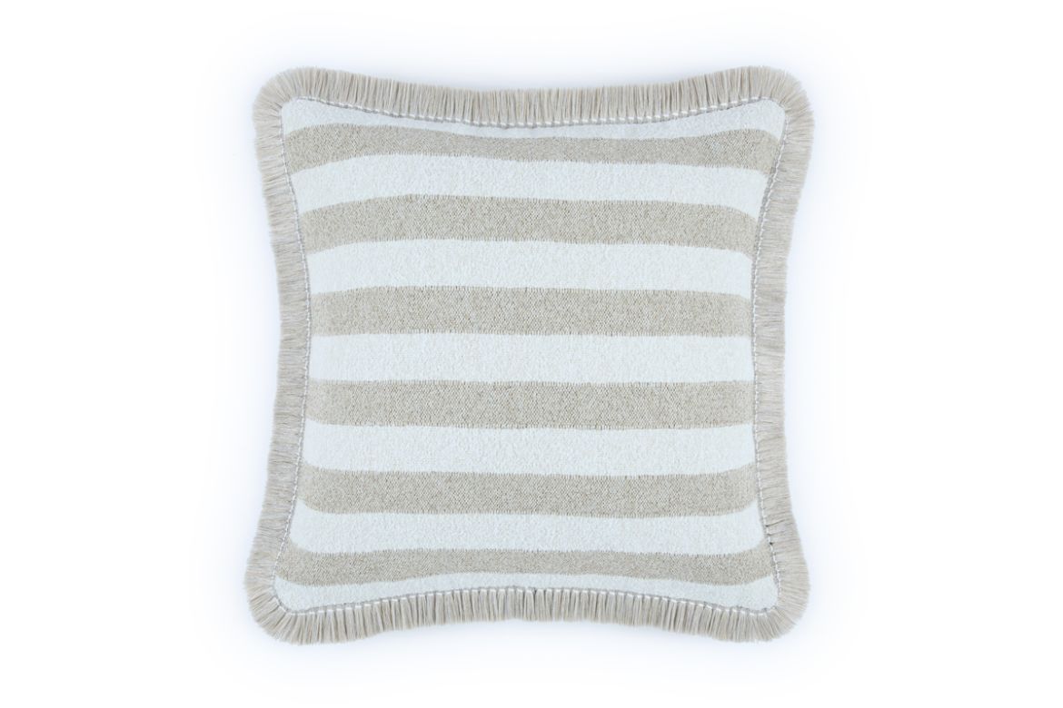 Outdoor Calvari Striped Cushion Sabbia neutral hues with Hula natural trim