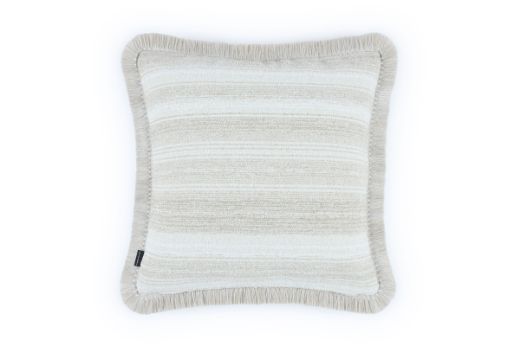 Outdoor Calvari Striped Cushion Sabbia neutral hues with Hula natural trim back cushion with Arta Latte