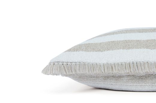 Outdoor Calvari Striped Cushion Sabbia neutral hues with Hula natural trim back cushion with Arta Latte side view