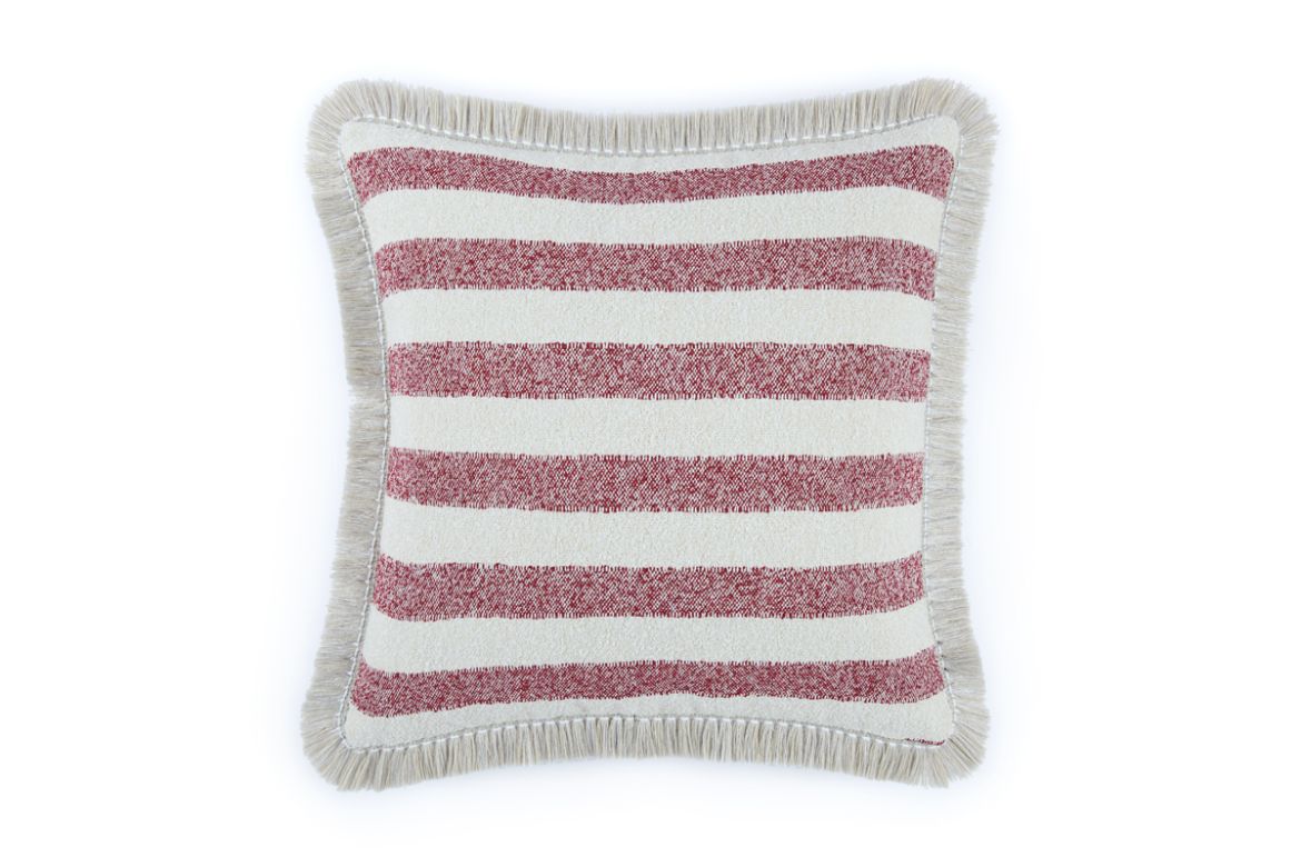 Outdoor Calvari Striped Cushion Rosso red and cream hues with Hula natural trim front cushion