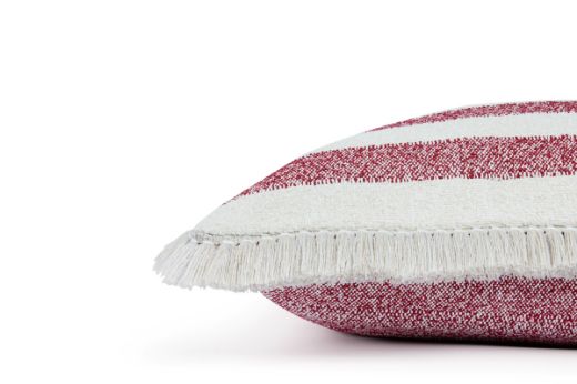 Outdoor Calvari Striped Cushion Rosso red and cream hues with Hula natural trim side of cushion with Cova Rosso