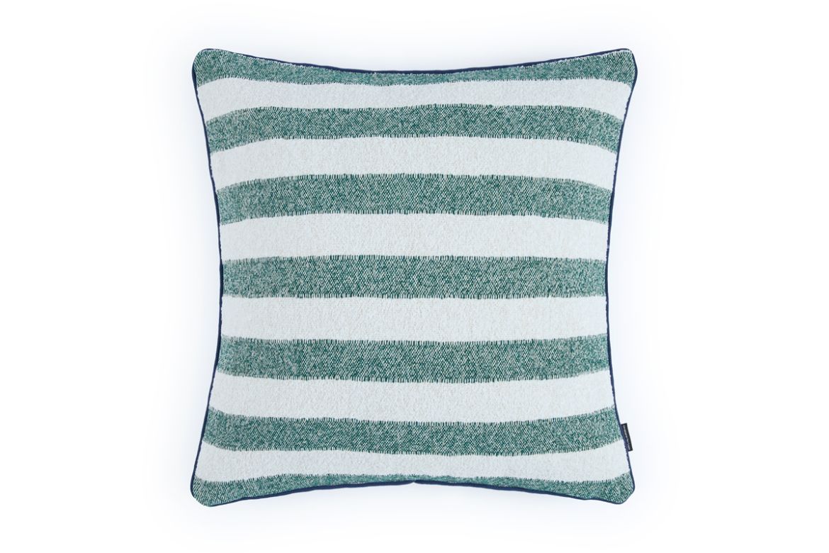 Outdoor Calvari Striped Cushion Verde green and cream hues with Vertelli Azzurro Navy blue trim front cushion