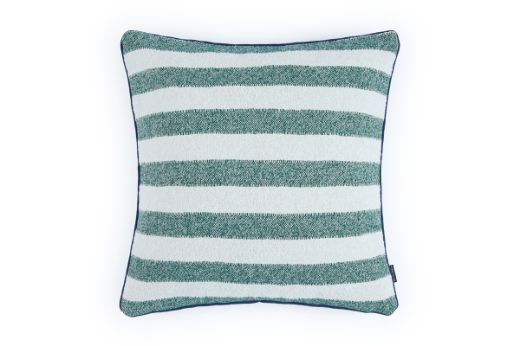 Outdoor Calvari Striped Cushion Verde green and cream hues with Vertelli Azzurro Navy blue trim front cushion