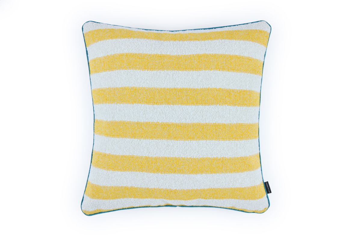 Outdoor Calvari Striped Cushion Limone yellow, multi and cream hues with Vertelli Verde blue green trim front cushion
