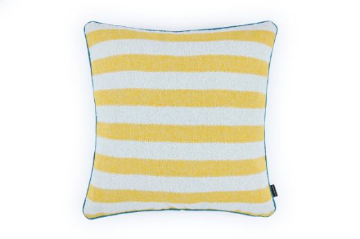 Outdoor Calvari Striped Cushion Limone yellow, multi and cream hues with Vertelli Verde blue green trim front cushion