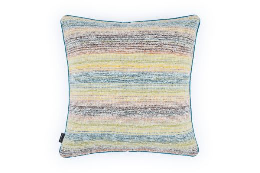 Outdoor Calvari Striped Cushion Verde yellow, cream multi-coloured hues with Vertelli verde blue green trim back cushion Arta 