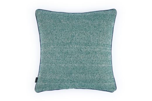 Outdoor Calvari Striped Cushion Verde green and cream hues with Vertelli Azzurro Navy blue trim back cushion in Cova Verde Fabric