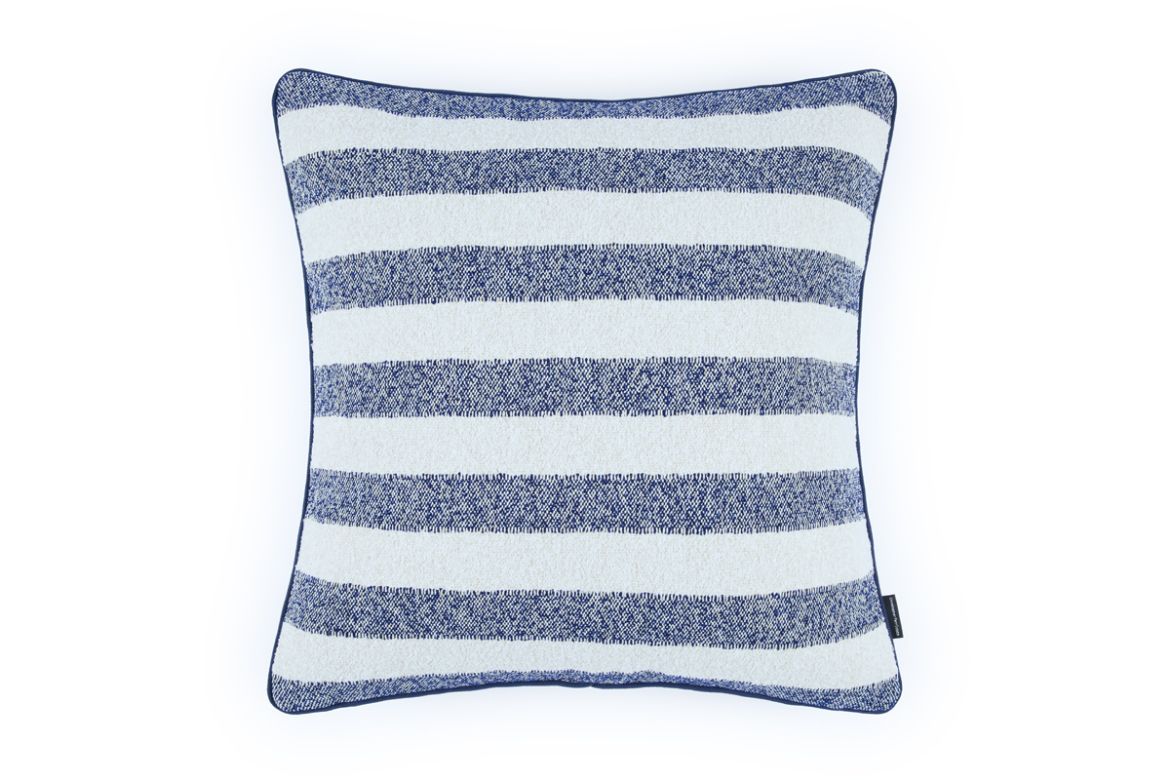 Outdoor Calvari Striped Cushion Azzurro navy blue and cream hues with Vertelli Azzurro Navy blue trim front cushion