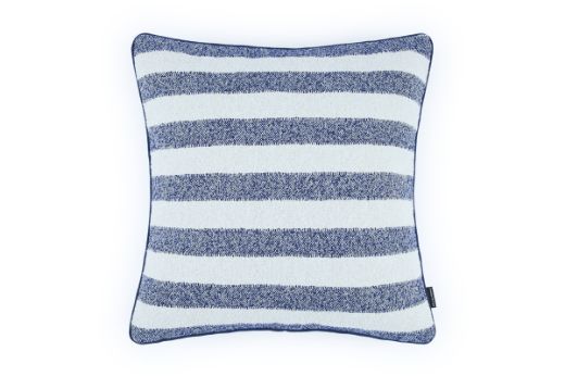 Outdoor Calvari Striped Cushion Azzurro navy blue and cream hues with Vertelli Azzurro Navy blue trim front cushion