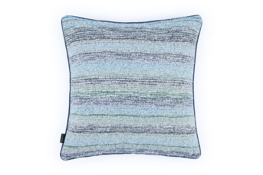 Outdoor Calvari Striped Cushion Azzurro navy blue and cream hues with Vertelli Azzurro Navy blue trim back cushion in Arta Azzurro Fabric