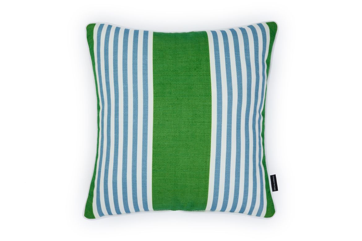 Front view of The Hudson Stripe Outdoor Cushion featuring a bold stripe design in Prato green, blue, and white, offering a modern yet timeless look for outdoor spaces.