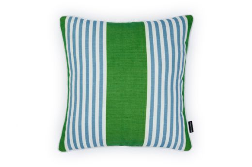 Front view of The Hudson Stripe Outdoor Cushion featuring a bold stripe design in Prato green, blue, and white, offering a modern yet timeless look for outdoor spaces.