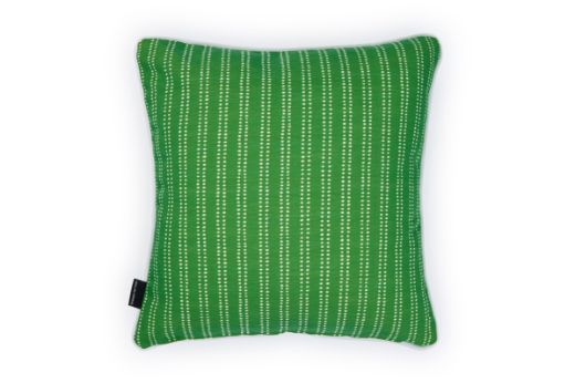 Back view of The Hudson Stripe Outdoor Cushion featuring a intricate, dashed stripe design in Prato green, and white, offering a modern yet timeless look for outdoor spaces.