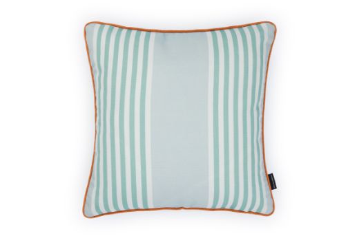 Front view of The Hudson Stripe Outdoor Cushion featuring a bold stripe design in Turchese blue, and white, with an orange piping for contrast, offering a modern yet timeless look for outdoor spaces.